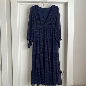 Madewell Deep V Neck Chiffon Midi Dress, Navy with Fuchsia Embroidered Dots